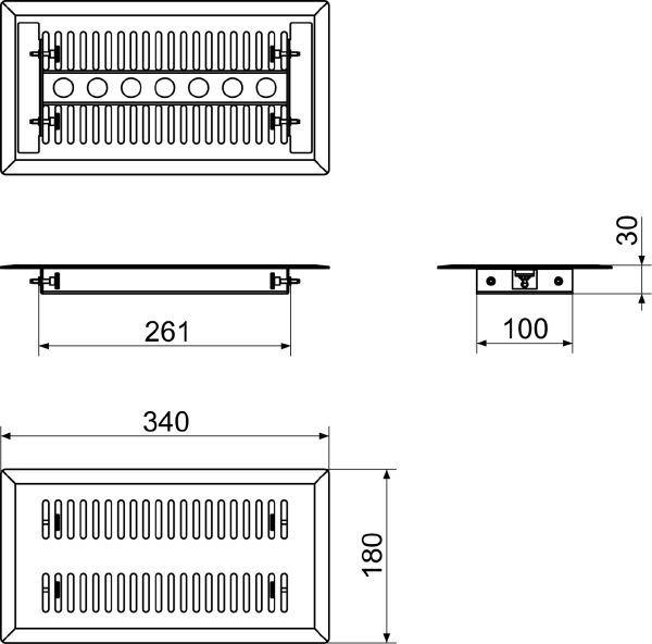 FFS-FG IM0015108.PNG Hard-wearing designer floor grille, suitable for the FFS-BA floor outlet. The floor grille made of brushed stainless steel has a modern long-slot design. The mounting frame allows it to be lined up with the surrounding floor covering. It is held in place with clamping pins. Width x height x depth: approx. 340 x 180 x 30 mm, scope of delivery: 1 floor grille, 1 holder, 1 sealing strip