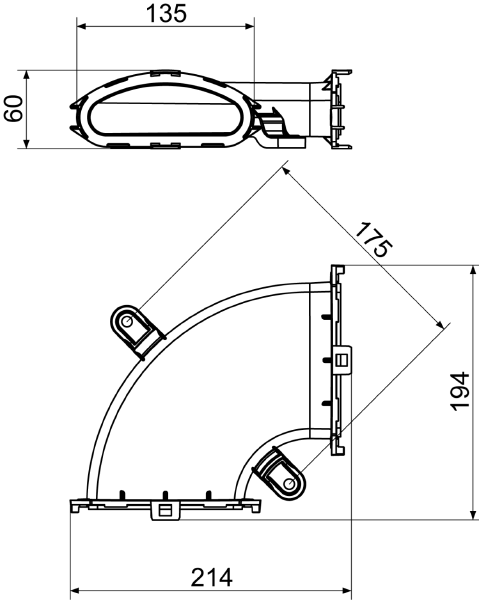 FFS-BH90 IM0015110.PNG Coude pour gaine rectangulaire, 90° en plastique, exécution plate, avec possibilité de raccordement pour gaine plate flexible, largeur x hauteur x profondeur : env. 214 x 60 x 175 mm, volume de la fourniture : 1 coude pour gaine rectangulaire, 2 adaptateurs individuels pour fixations de gaines rondes (FFS-RA)