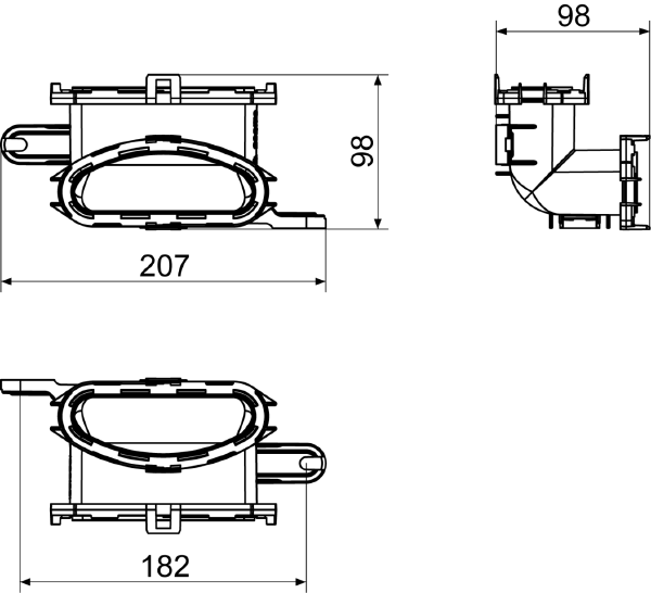 FFS-BV IM0015114.PNG Kanalno koljeno od 90° od plastike, izvedba visoko, s mogućnošću priključivanja za fleksibilnu ravnu cijev, širina x visina x dubina: oko 207 x 98 x 98 mm, isporuka: Jedno kanalno koljeno, dva pojedinačna adaptera cijevnih pričvrsnica (FFS-RA)