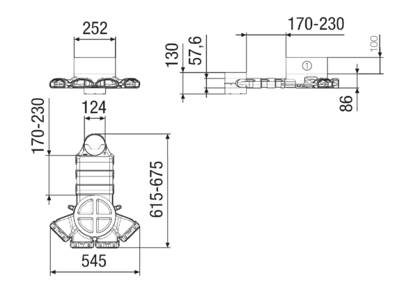 FFS-V4 IM0015116.PNG Plastic air distributor with 4 connection options for the flexible oval flat duct and a ventilation duct main connection (DN 125), including a removable service cover with adjustment options, width x height x depth: approx. 675 x 186 x 545 mm, scope of delivery: 3 volumetric flow adjustment elements, 1 black blind cover, 4 O-rings (valve gaskets), 1 horizontal DN 125 air distributor transition piece (FFS-VTHÜ), 1 vertical DN 125 air distributor transition piece (VTVÜ), 2 individual air distributor extensions (FFS-V), 3 gaskets for the distributor extensions, 4 individual duct fixing adapters (FFS-RA), 1 EPS mounting aid (polystyrene)
