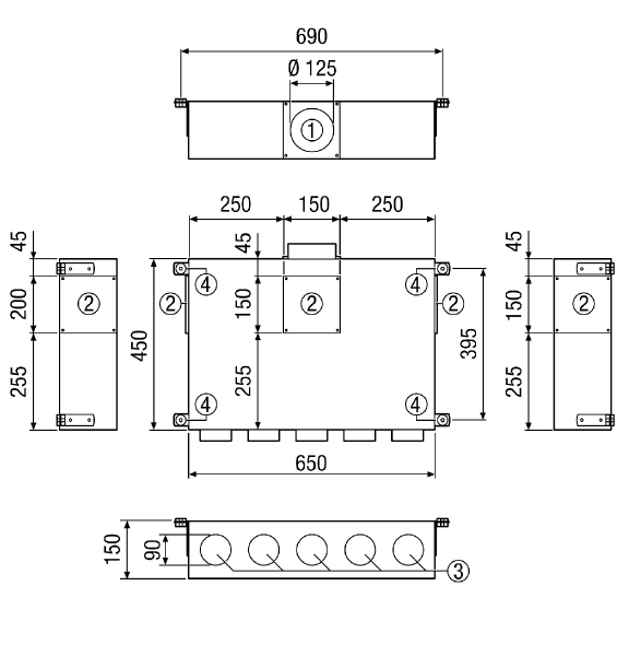 MF-BV90-125-5 IM0015205.PNG Diffuseur d'air en tôle d'acier, 1 rangée, pour 5 x gaine flexible MF-F90, conduit d'amenée DN 125, largeur x hauteur x profondeur : 650 x 150 x 450 mm