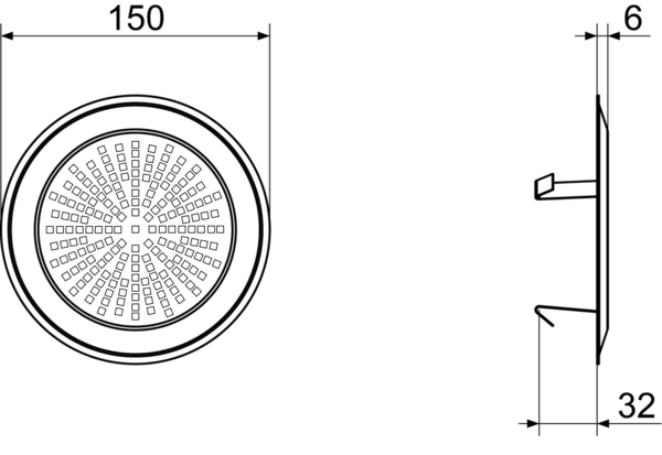FFS-WGE IM0015307.PNG Designer wall/ceiling grille, suitable for the FFS-WA wall/ceiling outlet. The grille made of stainless steel has a modern design with an angular pattern of holes. It is held in place with clamps, diameter: 150 mm, height: 38 mm, scope of delivery: 1 wall/ceiling grille, 1 regenerable filter