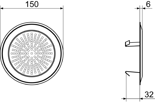 FFS-WGE IM0015307.PNG Designer wall/ceiling grille, suitable for the FFS-WA wall/ceiling outlet. The grille made of stainless steel has a modern design with an angular pattern of holes. It is held in place with clamps, diameter: 150 mm, height: 38 mm, scope of delivery: 1 wall/ceiling grille, 1 regenerable filter