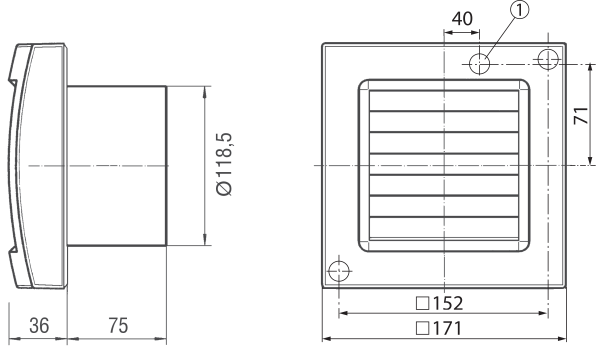 ECA 120 KVZ IM0015395.PNG Z wewnętrzną żaluzją elektryczną i łącznikiem czasowym zwłocznym