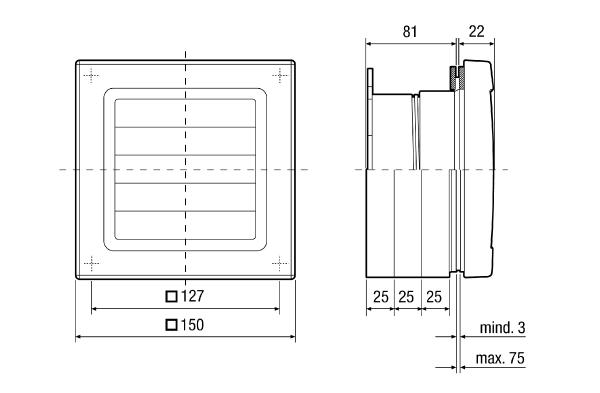 FE 100/1 AP IM0015856.PNG Okenní sada se samotížnou venkovní klapkou FE 100/1 AP pro řadu ventilátorů ECA 100 ipro. Ventilátor není součástí dodávky.