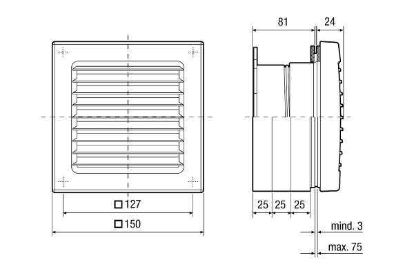 FE 100/1 SG IM0015858.PNG Okenní sada s pevnou venkovní ochrannou mřížkou FE 100/1 SG pro řadu ventilátorů ECA 100 ipro. Ventilátor není součástí dodávky.