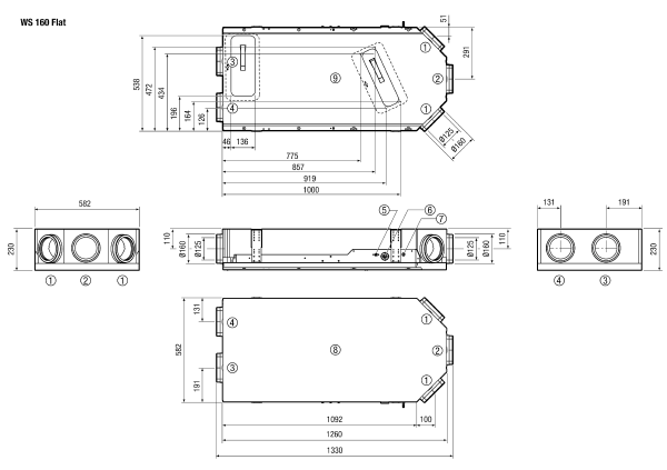 WS 160 Flat ET IM0016644.PNG Высокоэффективные приборы централизованной вентиляции с вентиляторами EC и регулированием для поддержания постоянного объемного расхода, с энтальпийным теплообменником, 2 патрубками приточного и 1 патрубком вытяжного воздуха, объемный расход 40—160 м³/ч, диаметр присоединения 4 x DN 125; для присоединения спирально-навивных труб требуется 4 вставных соединителя SVR 125, вкл. пульт управления RLS 1 WR, вкл. приложение MAICO для мобильного управления прибором, разрешение DIBT и сертификат «пассивного дома», возможно подключение к KNX, Modbus, Loxone и EnOcean