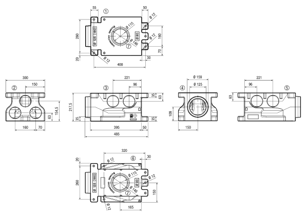MF-VK90-7 IM0016674.PNG Diffuseur d'air compact en plastique insonorisant, avec deux ouvertures de visite, pour 7 x gaine flexible MF-F90, conduit d'amenée DN 125 avec raccord enfichable SVR 125 ou DN 160 avec tuyau agrafé, largeur x hauteur x profondeur : 300 x 490 x 220 mm