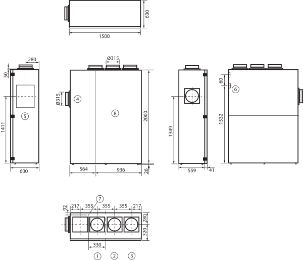 geniovent.x 600 S BL-G-K3 IM0016905.PNG Dezentrales RLT Gerät in reinweiß ähnlich RAL 9010 mit sehr hoher Wärmerückgewinnung. Mit Kreuz-Gegenstrom-Wärmetauscher und Vorheizregister, Anschluss durch Brüstung, Außenluft links, Fortluft oben, Zu- und Abluft über Kanal, CO2-Sensor im Gerät integriert. Mit App zur mobilen Geräte-Ansteuerung