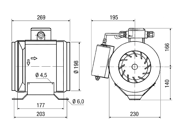 ERM 22 Ex t/60 Hz IM0016988.PNG Pół-odśrodkowy wentylator kanałowy, DN 220, prąd przemienny 230 V/60 Hz, konstrukcja przeciwwybuchowa, medium: pył