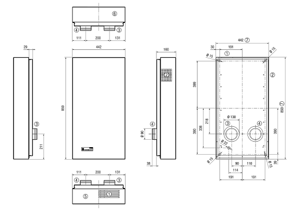 Duo A-SE IM0016992.PNG Kit d'encastrement pour appareil de ventilation décentralisé à récupération de chaleur Duo A, constitué d'un appareil de ventilation avec capot intérieur, d'un échangeur de chaleur enthalpique à contre-courant croisé extrêmement efficace, de ventilateurs EC radiaux pour air extérieur et air rejeté, surveillance de la teneur en humidité, détecteur de qualité d'air et 2 filtres ISO Coarse 45 % (G3), plage de débit d'air comprise entre 20 et 60 m³/h, exécution : montage mural, accessoires nécessaires : kit de montage en gros-œuvre Duo A-SR et raccords muraux combinés en acier inoxydable revêtu (Duo KWS E) ou en blanc à revêtement pulvérulent, similaire RAL 9010 (Duo KWS W)