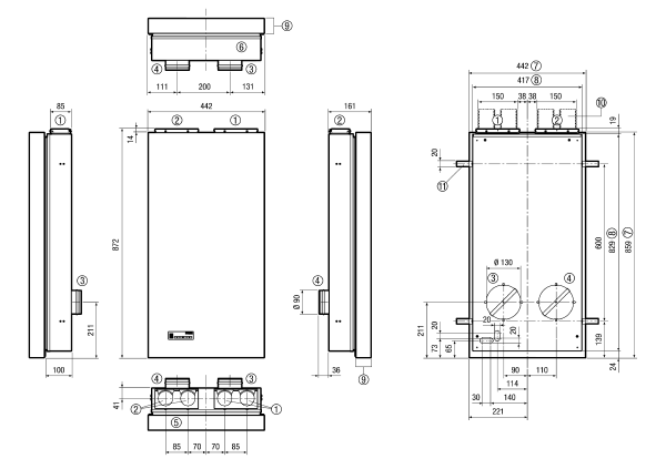 Duo Z-SE IM0016994.PNG Kit d'encastrement pour appareil de ventilation décentralisé à récupération de chaleur Duo Z, constitué d'un appareil de ventilation avec capot intérieur, d'un échangeur de chaleur enthalpique à contre-courant croisé extrêmement efficace, de ventilateurs EC radiaux pour air extérieur et air rejeté, surveillance de la teneur en humidité, détecteur de qualité d'air et 2 filtres ISO Coarse 45 % (G3), plage de débit d'air comprise entre 20 et 60 m³/h, exécution : montage encastré, accessoires nécessaires : kit de montage en gros-œuvre Duo Z-SR et raccords muraux combinés en acier inoxydable revêtu (Duo KWS E) ou en blanc à revêtement pulvérulent, similaire RAL 9010 (Duo KWS W)