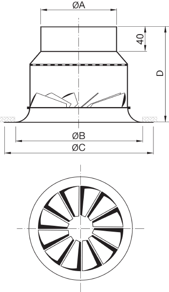 WR 230T 160 IM0017067.PNG Diffuseur à jet hélicoïdal rond avec lamelles de déflection fixes et anneau diffuseur, complet avec boîte à bornes et raccordement par le haut, 160. Boîte à bornes en tôle d’acier galvanisé