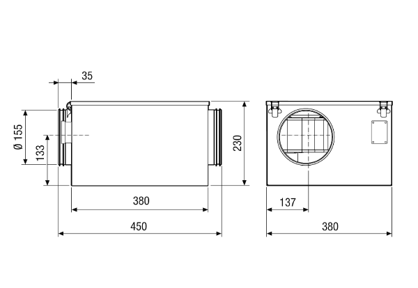 ESR 16-2 EC IM0017151.PNG Sound-insulated ventilation box with EC motor and swivelling fan, DN 160, alternating current