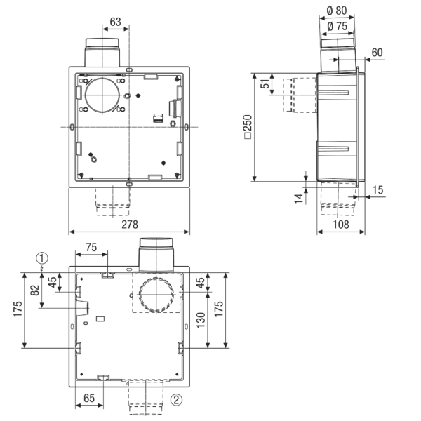 ER GH IM0017283.PNG Podomítkové pouzdro s přestavitelným umělohmotným hrdlem pro vsazení ventilátorové sady ER EC, lze využít přípojku pro odvětrání WC mísy.