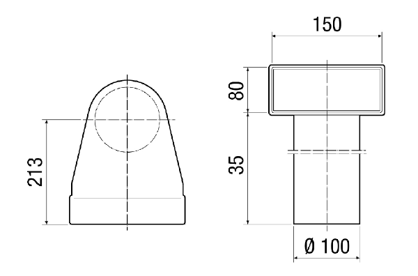 MF-W100 80/150 IM0017766.PNG Équerre pour raccord 90° de l'adaptateur enfichable MF-WE63 au clapet DN 100, 80 mm de haut, longueur du raccord 35 mm