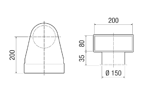 MF-W150 80/200 IM0017768.PNG Équerre pour raccordement 90° de l'adaptateur enfichable MF-WE75 au clapet DN 150, 80 mm de haut, longueur du raccord 35 mm