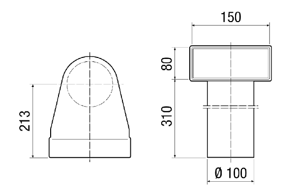 MF-WL100 80/150 IM0017770.PNG Équerre pour raccord 90° de l'adaptateur enfichable MF-WE63 au clapet DN 100, 80 mm de haut, longueur du raccord 310 mm