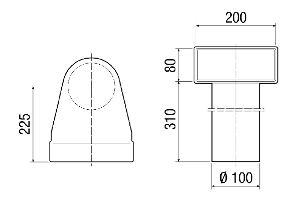 MF-WL100 80/200 IM0017772.PNG Équerre pour raccord 90° de l'adaptateur enfichable MF-WE75 au clapet DN 100, 80 mm de haut, longueur du raccord 310 mm