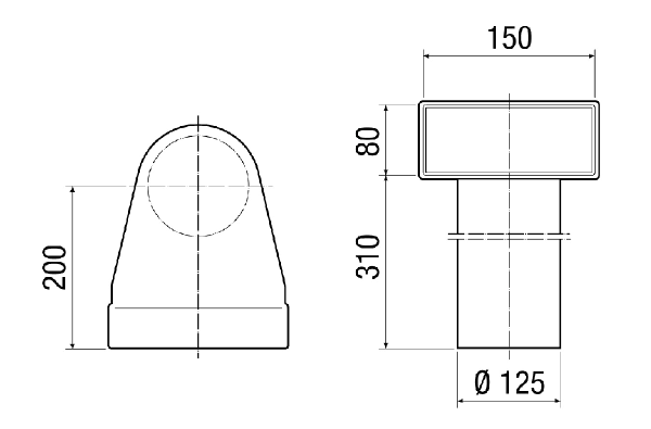 MF-WL125 80/150 IM0017774.PNG Équerre pour raccord 90° de l'adaptateur enfichable MF-WE63 au clapet DN 125, 80 mm de haut, longueur du raccord 310 mm