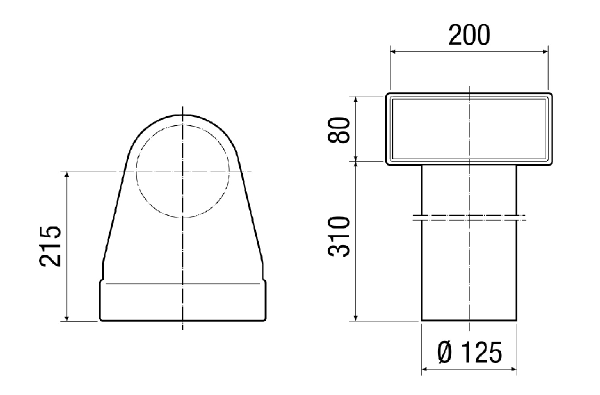 MF-WL125 80/200 IM0017776.PNG Équerre pour raccord 90° de l'adaptateur enfichable MF-WE75 au clapet DN 125, 80 mm de haut, longueur du raccord 310 mm