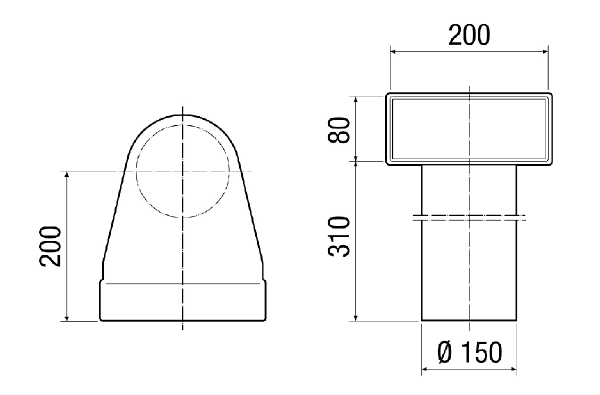 MF-WL150 80/200 IM0017778.PNG Équerre pour raccord 90° de l'adaptateur enfichable MF-WE75 au clapet DN 150, 80 mm de haut, longueur du raccord 310 mm