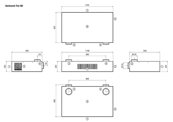 Trio QD-AR IM0018120.PNG Quer-durchströmtes sehr leises und kompaktes Dezentralgerät, Abluft rechts, mit effektiver Wärme‐ und Feuchterückgewinnung, EC-Ventilatoren mit Konstant‐Volumenstromregelung, Anschluss eines kleinen Kanalsystems, 40 – 120 m³/h.