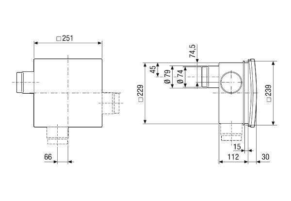 ER-UP/GH IM0018436.PNG Boîtier encastré avec raccord de soufflage arrière en plastique pour recevoir un ventilateur ER 60 E / ER 100 E, ou un raccordement de pièce secondaire à droite / à gauche / en bas possible