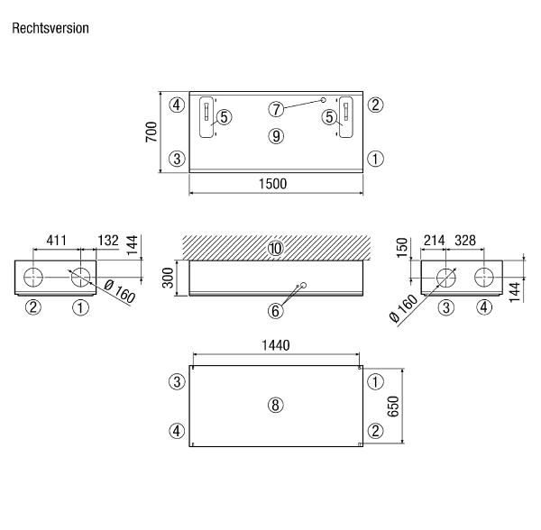WS 300 Flat KBR IM0018578.PNG Высокоэффективные приборы централизованной вентиляции с вентиляторами EC, регулированием для поддержания постоянного объемного расхода, калорифером предварительного нагрева, байпасом и двумя энтальпийными теплообменниками, линиями приточного и вытяжного воздуха справа, объемный расход 80—300 м³/ч, диаметр присоединения 4 x DN 160; для присоединения спирально-навивных труб требуется 4 вставных соединителя SVR 160, вкл. пульт управления RLS 1 WR, приложение MAICO для мобильного управления прибором, отчеты в реальном времени через ПРИЛОЖЕНИИ, разрешение DIBT, возможно подключение к KNX, Modbus, Loxone и EnOcean