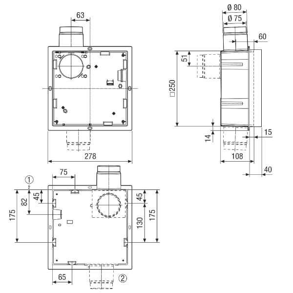 ER GH-VWR IM0018597.PNG Recess-mounted housing with convertible plastic socket to hold the ER EC fan insert, with extension frame at front, second connection possible for toilet seat ventilation