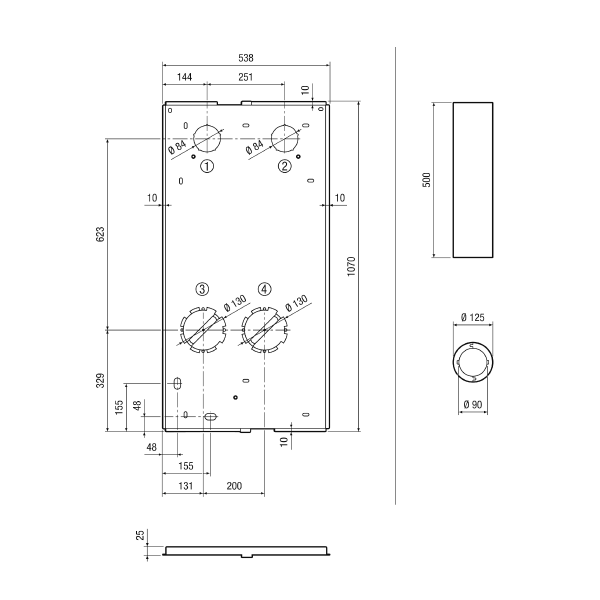 WS 75 RSAP IM0019219.PNG Natynkowy zestaw do montażu w stanie surowym, złożony ze skrzynki do zabudowy (szerokość x wysokość x głębokość: 538 x 1070 x 25 mm) z wbudowanym szablonem wiertarskim do otworów rdzeniowych, dwóch izolowanych termicznie tulei ściennych z korytkami do odprowadzania kondensatu (średnica: 125 mm, długość: 500 mm) do niecentralnego urządzenia wentylacyjnego WS 75 Powerbox H z odzyskiem ciepła (0095.0646)
