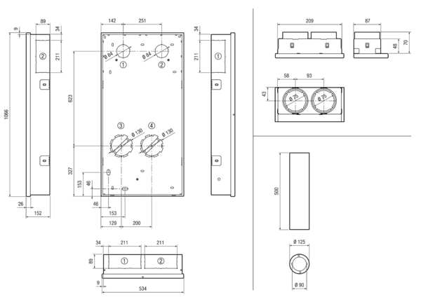 WS 75 RSUP IM0019222.PNG Flush-mounting shell kit comprising an installation box (width x height x depth: 534 x 1066 x 152 mm) with integrated drilling template for core drill holes, two heat-insulated wall sleeves with condensate drain channels (diameter: 125 mm, length: 500 mm) and two WS 75 A sheet metal adaptors for the ventilation unit with WS 75 Powerbox H heat recovery (0095.0646)