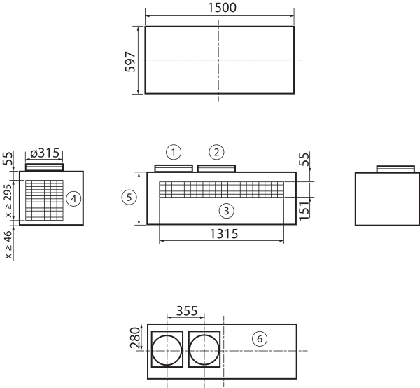 TB GVX600/900S IM0019241.PNG Caisson « topbox » pour une installation à soufflage et aspiration libres. Pour geniovent.x 600 / 900 S avec grille pour air entrant et sortant et passage d'air rejeté