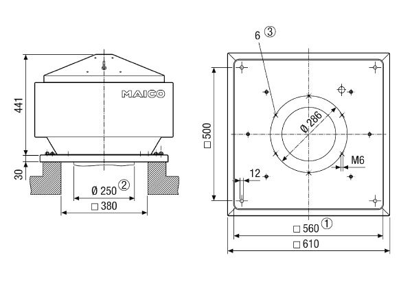 MDR 25 EC IM0019346.PNG Radijalni krovni ventilator s motorom s oznakom EC, DN 250