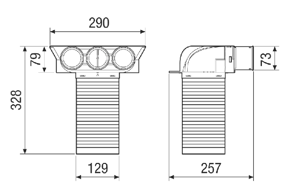 MA-U3-63 IM0020162.PNG Pièce de renvoi en plastique pour 3 x gaine flexible DN 63 avec 1 x transition DN 125 pour recevoir 1 clapet d'air entrant ou sortant, résistante à la pression pour le bétonnage dans le plancher filigrane