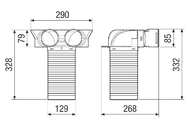 MA-U2-75 IM0020163.PNG Pièce de renvoi en plastique pour 2 x gaine flexible DN 75 avec 1 x transition DN 125 pour recevoir 1 clapet d'air entrant ou sortant, résistante à la pression pour le bétonnage dans le plancher filigrane