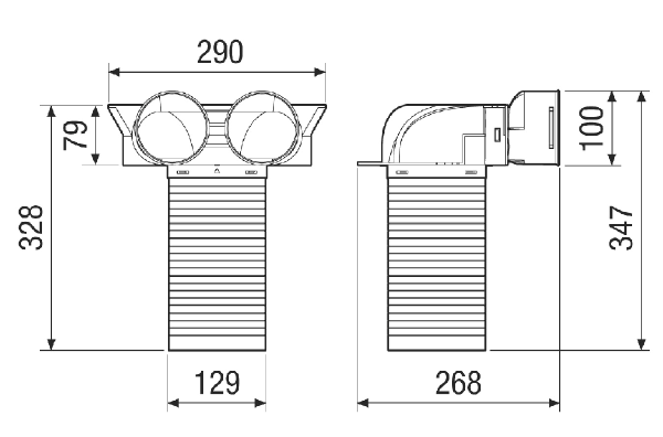 MA-U2-90 IM0020164.PNG Pièce de renvoi en plastique pour 2 x gaine flexible DN 90 avec 1 x transition DN 125 pour recevoir 1 clapet d'air entrant ou sortant, résistante à la pression pour le bétonnage dans le plancher filigrane