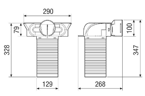 MA-U1-90 IM0020165.PNG Átvezetőidom műanyagból, 1 db DN 90 rugalmas csőhöz 1 db DN 125 összekapcsolással, légbeeresztő és -elszívó szelep rögzítéséhez, nyomásálló, filigrán emeletközi födémbe való betonozáshoz
