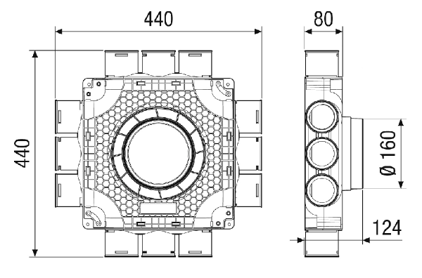 MA-FV12-63 IM0020197.PNG Lapos, kompakt légelosztó műanyagból betolási látóablakkal 12 x rugalmas csőhöz DN 63, bevezető cső DN 160