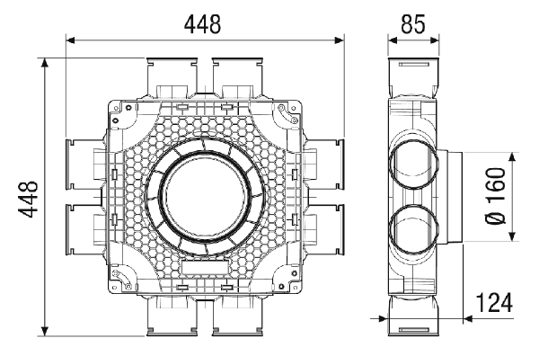 MA-FV8-75 IM0020198.PNG Flat and compact air distributor made of plastic with slide-in visual control for 8 x DN 75 flexible ducts, DN 160 supply line