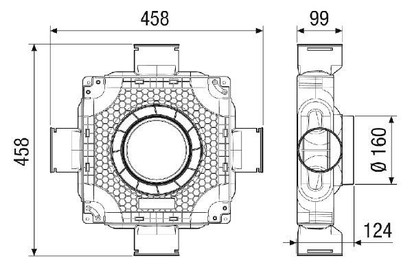 MA-FV4-90 IM0020199.PNG Płaski i kompaktowy rozdzielacz powietrza z tworzywa sztucznego + wsuwany system kontroli wzrokowej 4 przewodów giętkich DN 90, przewód doprowadzający DN 160