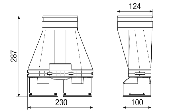 MA-AD2-90 IM0020202.PNG Adapter z tworzywa sztucznego do 2 przewodów giętkich DN 90, przewód doprowadzający DN 125; odporność na nacisk pozwala na zabetonowanie w filigranowym stropie międzypiętrowym