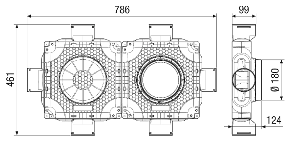 MA-FDV6-90 IM0020233.PNG Plochý a kompaktní dvojitý rozváděč vzduchu z plastu s kontrolou zasunutí pro 6x pružnou trubku DN 90, přívod DN 180