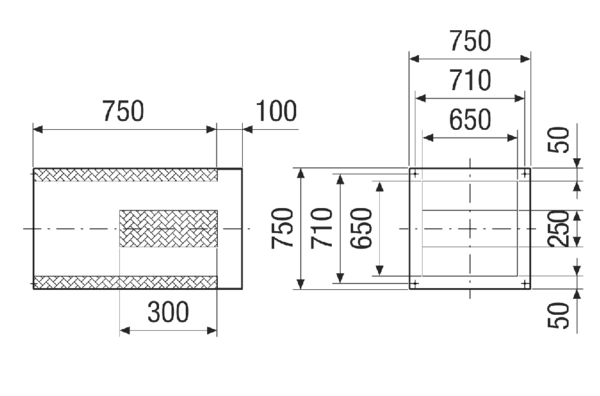 SDVI 50-56 IM0020967.PNG Sockelschalldämpfer mit verkürzter Kulisse, für saugseitige Geräuschreduzierung von Dachventilatoren für die Kombination mit Verschlussklappe VKRI, DN 500-560