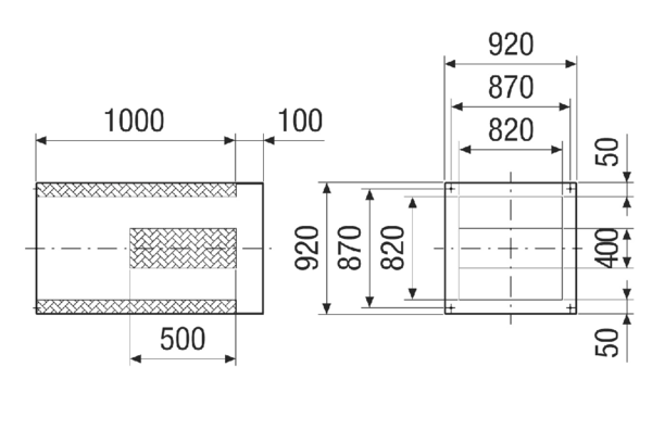 SDVI 63-75 IM0020968.PNG Soklový tlumič hluku se zkrácenou kulisou, pro snížení hluku na sací straně střešních ventilátorů pro kombinaci s uzavírací klapkou VKRI, DN 630-750