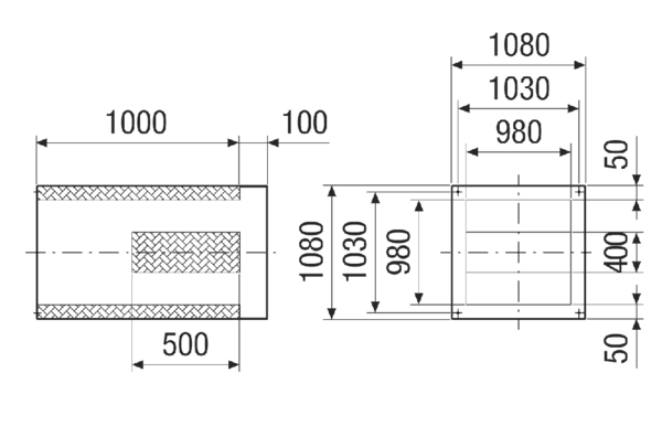 SDVI 80-90 IM0020969.PNG Цокольный шумоглушитель с укороченной кулисой, для снижения уровня шума крышных вентиляторов на стороне всасывания, применяемый вместе с заслонкой VKRI, DN 800—900