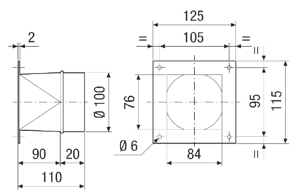 URRI 10 IM0021159.PNG Rectangular to round transition adapter, coated sheet steel, to DN 100