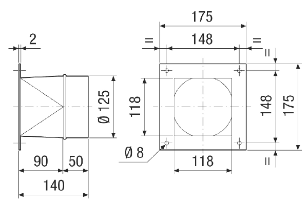URRI 14 IM0021161.PNG Adaptateur de transition de rectangulaire à rond, tôle d'acier revêtue, sur DN 140