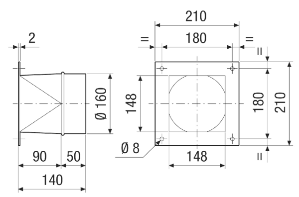 URRI 18 IM0021163.PNG Adaptateur de transition de rectangulaire à rond, tôle d'acier revêtue, sur DN 180