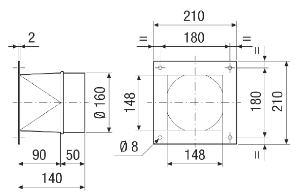 URRI 18 IM0021163.PNG Rectangular to round transition adapter, coated sheet steel, to DN 180